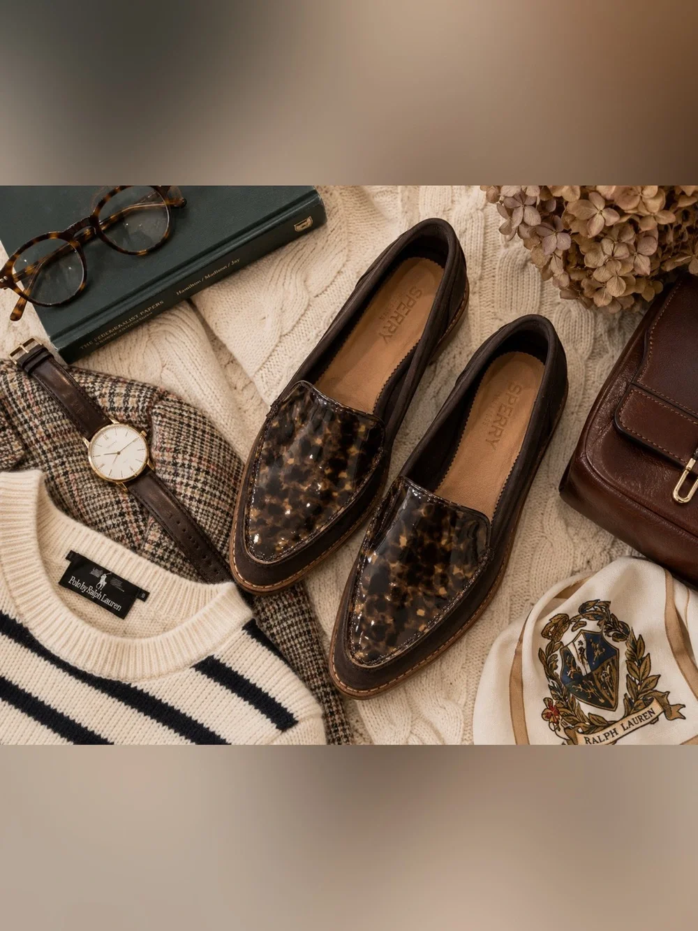 Sperry Seaport Tortoise Penny Loafers 9 Brown Patent Leather Preppy Flats